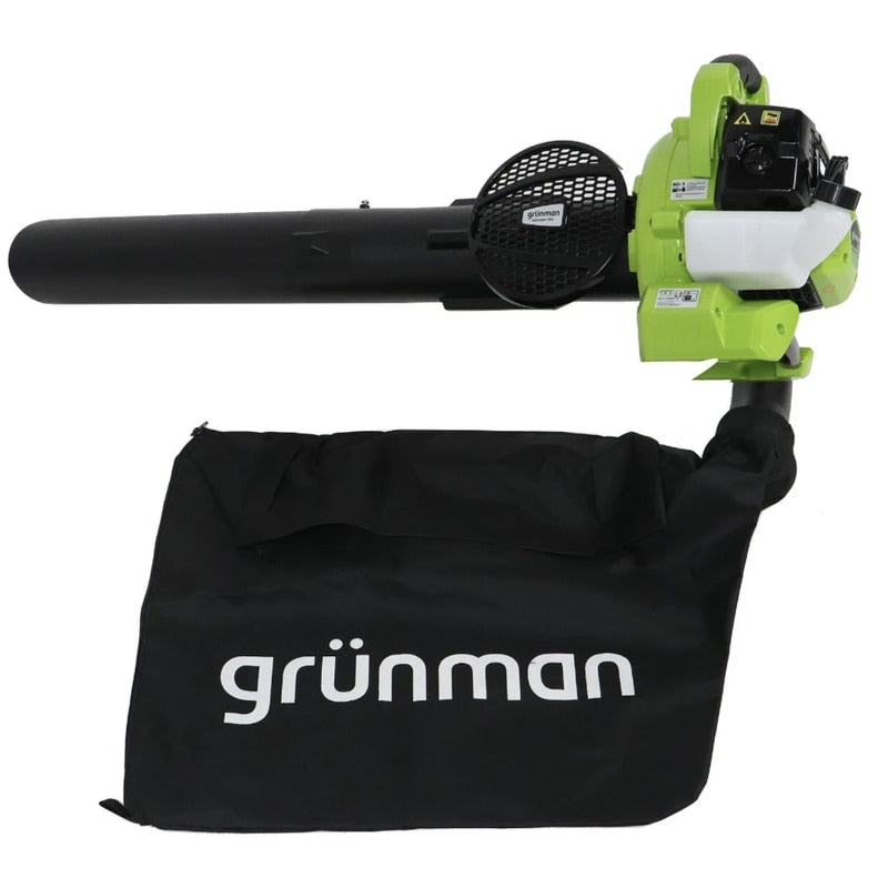 Suflanta / aspirator frunze, pe benzina, Grunman, motor termic in 2T, 0.8 k.W, 1.09 CP, sac 45 l, alimentare amestec benzina + ulei, 6.25 kg, 108 dB, 7500 rot/min, Raport de tocare 16:1, 252 km/h