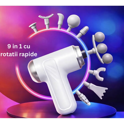 Aparat pentru Masaj Profesional Tip Pistol NETERRA, 9 in 1 Capete, gat, spate, umeri, brate, picioare, solduri, Motor Silentios si Puternic, Masaj Muscular, Relaxare, USB reincarcabil, portabil, Gri