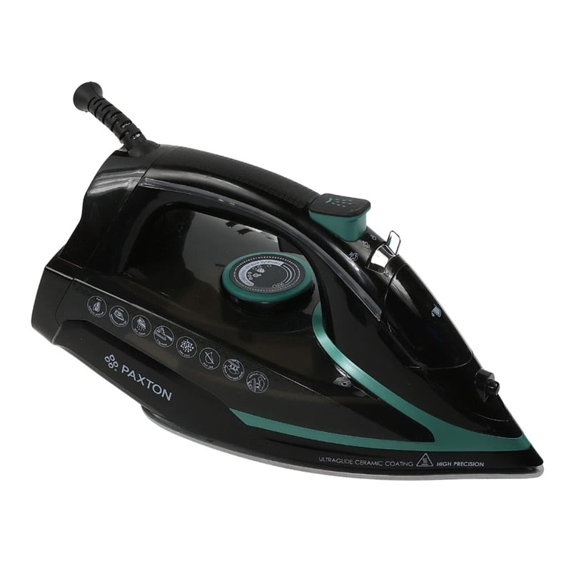 Fier de calcat, Paxton, 3050 W, talpa ceramica, 0.35 litri, 45 g/min, anti-picurare, anti-calcar, auto-curatare, Termostat reglabil, oprire automata, negru + turcoaz, cablu 1.9 m, 1.4 kg