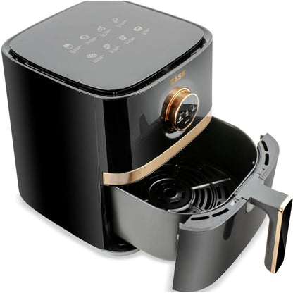 Friteuza cu aer cald, airfryer, Zass, 1450W, 5 litri, 8 programe, oprire automata, digital, vas antiaderent, termostat reglabil, maner termoizolant, negru si auriu, 3.8kg, cablu 0.6m, 27 x 31 x 33 cm