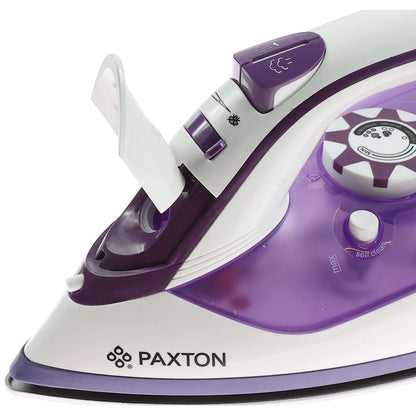 Fier de calcat Paxton, 2500 W, talpa ceramica, 0.3 l, 0.8 g/min, sistem auto-curatare, termostat reglabil, abur vertical, sistem anti-calcar, sistem anti-picurare, alb cu mov, cablu 1.9 m, 1.3 kg