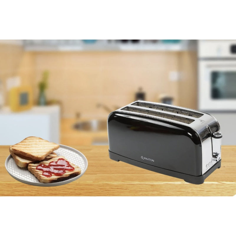Prajitor de paine Paxton, 1500 W, 4 felii, 7 trepte de rumenire, functie dezghetare, reincalzire, anulare, de ridicare felii, tava pentru firimituri detasabila, negru + argintiu, 1.6 kg, 230 V
