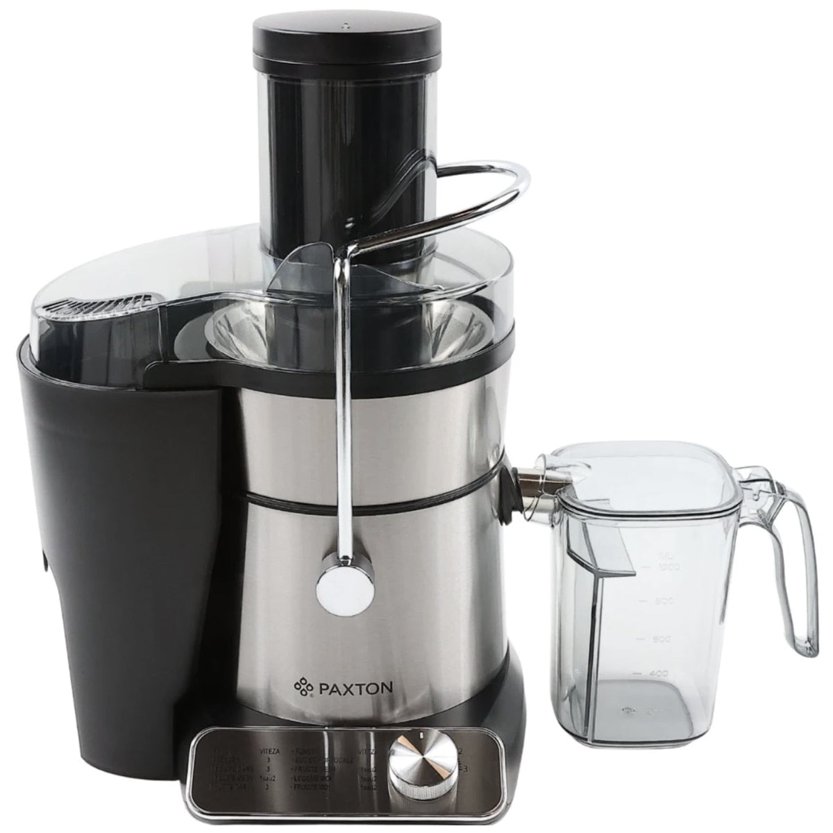 Storcator de fructe si legume, Paxton, 1000 W, 3 viteze, recipient pulpa 2 litri, recipient suc 1 litru, argintiu cu negru, otex inoxidabil, Element fixare capac, perie inclusa, 1 m, 230 V, 3.6 kg