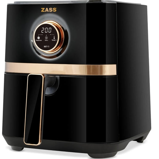 Friteuza cu aer cald, airfryer, Zass, 1450W, 5 litri, 8 programe, oprire automata, digital, vas antiaderent, termostat reglabil, maner termoizolant, negru si auriu, 3.8kg, cablu 0.6m, 27 x 31 x 33 cm