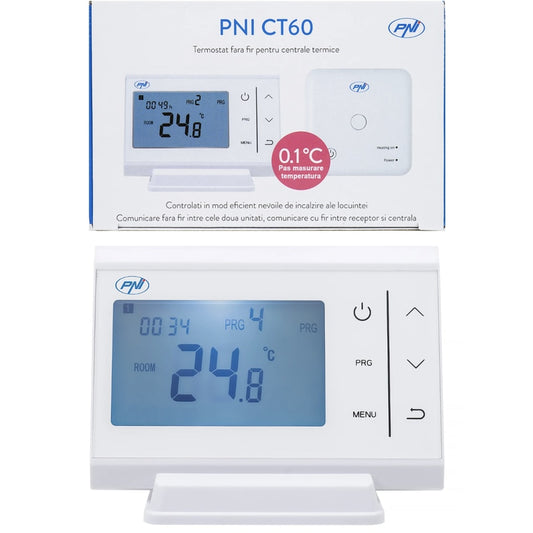 Termostat de ambient pentru centrala, wireless, fara fir, PNI, programabil, afisaj digital, protectie inghet, programare pe zile, IP30, alb, acuratete 0.1 grade, 2 x AAA, de la 5 - 35 grade