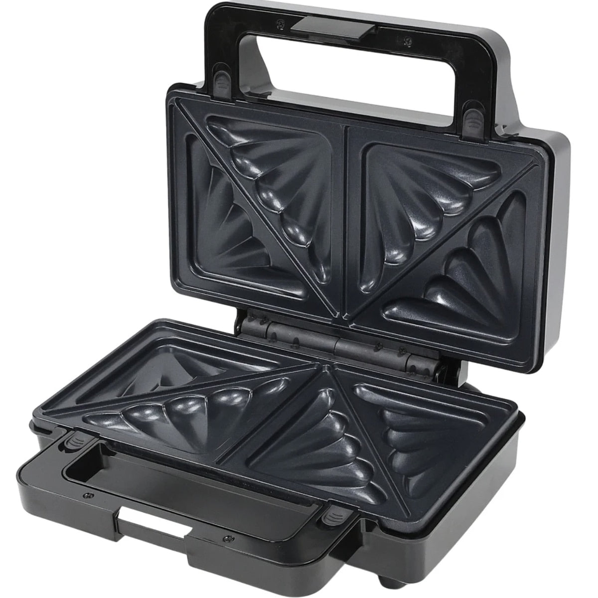Sandwich maker, Paxton, 1000W, 4 in 1, grill, gofre, sandwich, indicatoare luminoase, carlig de inchidere, depozitare verticala, dimensiune placi de lucru, argintiu negru, antiaderent, 28.5 x 15.3 cm