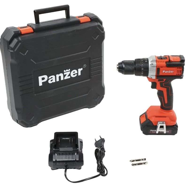 Masina de gaurit cu percutie, cu 1 acumulator 18 V, 2 Ah, Panzer, 1600 rpm, mandrina rapida, motor fara perii, cu valiza, 2 trepte de viteza, include 1 incarcator, 23 + 3 trepte ambreiaj