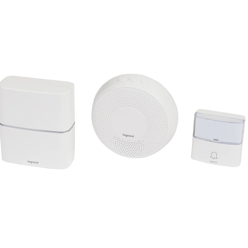 Sonerie fara fir dubla Legrand, LED, 30 melodii si MP3, raza actiune 200 m, sunet 80dB, protectie exterior IP54, alb, Baterii sonerie 3 x AA 1.5 V (neincluse), 230 V, Baterii buton 1 x CR2032 inclusa