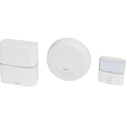 Sonerie fara fir dubla Legrand, LED, 30 melodii si MP3, raza actiune 200 m, sunet 80dB, protectie exterior IP54, alb, Baterii sonerie 3 x AA 1.5 V (neincluse), 230 V, Baterii buton 1 x CR2032 inclusa