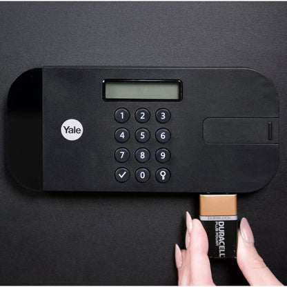 Seif Yale, inchidere electronica, cu amprenta, cod, cheie, otel, negru, 25 x 35 x 30 cm, 12.1 kg, siguranta ridicata, alimentare 4 baterii AAA, include chit ancorare, Rezistenta la efractie, 20.5 l