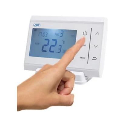 Termostat de ambient pentru centrala, wireless, fara fir, PNI, programabil, afisaj digital, protectie inghet, programare pe zile, IP30, alb, acuratete 0.1 grade, 2 x AAA, de la 5 - 35 grade