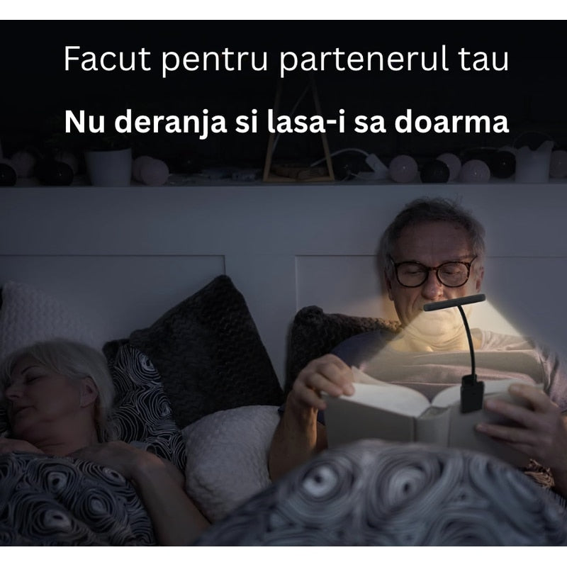 Lampa de Carte, Clips pentru Fixare, Brat flexibil 360 grade, Lumina 24 LED uri, acumulator 1000 mAh, Negru, copii, adulti, lumina focusata citit, nu deranjeaza, 24-80 ore functionare, brand NETERRA