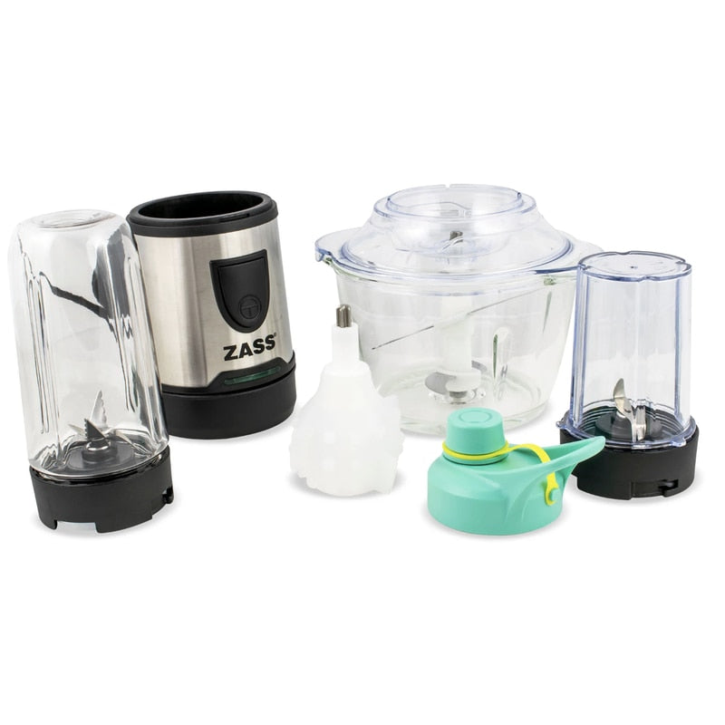 Tocator electric Zass, 200 W, 1 treapta de viteza, 1.2 l, bol din sticla, cutit 2 lame otel inoxidabil, sistem siguranta prin blocare, argintiu, recipient plastic 400 ml si capac, recipient macinat