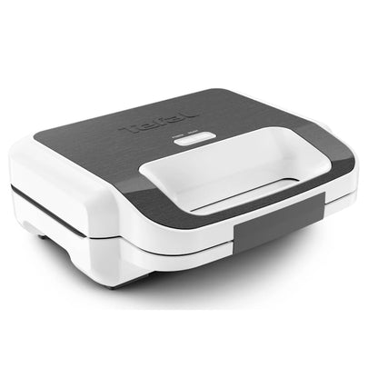 Sandwich maker, Tefal, 850 W, alb + argintiu, placi antiaderente tip triunghi + vafe, indicator luminos, maner termorezistent, dimensiune placi de lucru 26.8 x 13.7 cm, 3.37 kg, 220 V, maner rece
