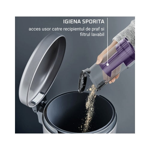 Aspirator vertical Rowenta X-Pert, ciclonic, aspirare uscata, pentru uz casnic si auto, perie cu iluminare LED, acumulator Li-ion 18 V, 0.44 litri, 140 W, negru si violet