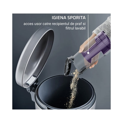 Aspirator vertical Rowenta X-Pert, ciclonic, aspirare uscata, pentru uz casnic si auto, perie cu iluminare LED, acumulator Li-ion 18 V, 0.44 litri, 140 W, negru si violet