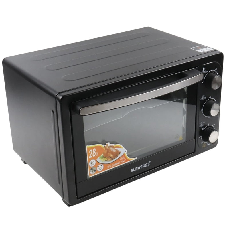 Cuptor electric Albatros, 28 litri, 1500 W, 4 programe, timer, functie Stay On, geam dublu, negru, model compact, 230 grade max, 6.2 kg, 230V, 31 x 48.5 x 37.5 cm, include gratar inox, tava