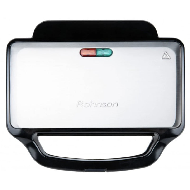 Sandwich maker, Rohnson, 900 W, 2 sandwich-uri, functie blocare, picioare antiderapante, maner izolat termic, carcasa din otel inoxidabil, protectie supraincalzire, argintiu, 1.73 kg, negru, cablu 1m