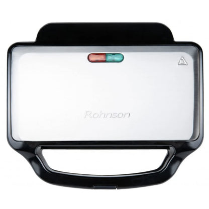 Sandwich maker, Rohnson, 900 W, 2 sandwich-uri, functie blocare, picioare antiderapante, maner izolat termic, carcasa din otel inoxidabil, protectie supraincalzire, argintiu, 1.73 kg, negru, cablu 1m