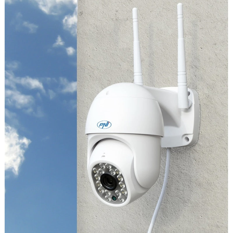 Camera de supraveghere smart, IP66, inteligenta PNI, 4MP, Wi-Fi, wireless, rotativa, slot micro SD, alarma detectare miscare, zoom, interior, exterior, Ethernet, temperaturi -26 pana la +80