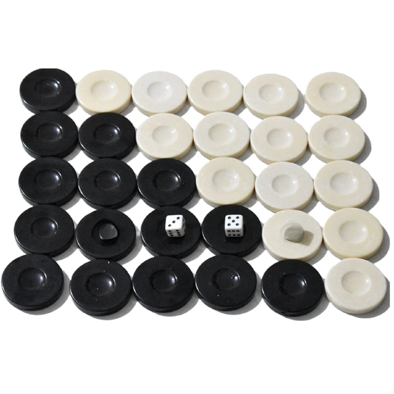 Set complet 30 piese, 2 zaruri mici, pentru table si dame, inlocuirea sau completarea jocurilor de backgammon si checkers, negru alb, durabilitate indelungata, din plastic, brand NETERRA