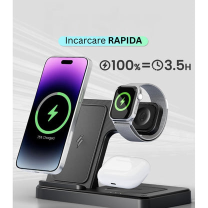 Statie de incarcare wireless 3-in-1, telefon, casti, smart watch, ceas inteligent, Fast Charge 15W, usor de transportat, neagra, brand NETERRA, protectie supraincalzire si supratensiune
