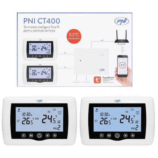 Termostat de ambient pentru centrala, wireless, PNI, inteligent, Wi-Fi, 100 m, programabil, afisaj digital, protectie inghet, IP30, alb, control 5 - 35 grade, acuratete 0.1 grade, 230V, 4 programe