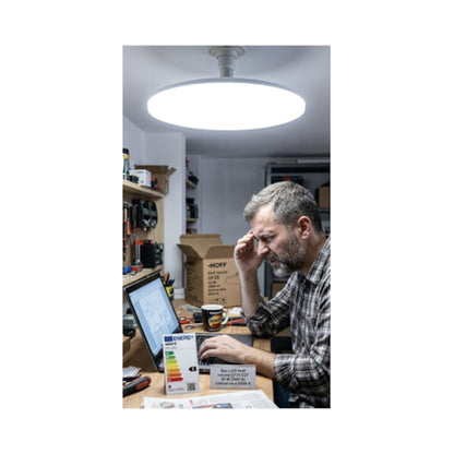 Bec LED Hoff rotund, E27, 36 W, 2900 lm, lumina rece, 6500 K, echivalent la 320W, durata medie de viata 25000 ore, unghi de 120°, pentru iluminarea spatiilor largi, temperatura –20 °C +50 °C