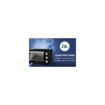 Cuptor electric Albatros, 28 litri, 1500 W, 4 programe, timer, functie Stay On, geam dublu, negru, model compact, 230 grade max, 6.2 kg, 230V, 31 x 48.5 x 37.5 cm, include gratar inox, tava