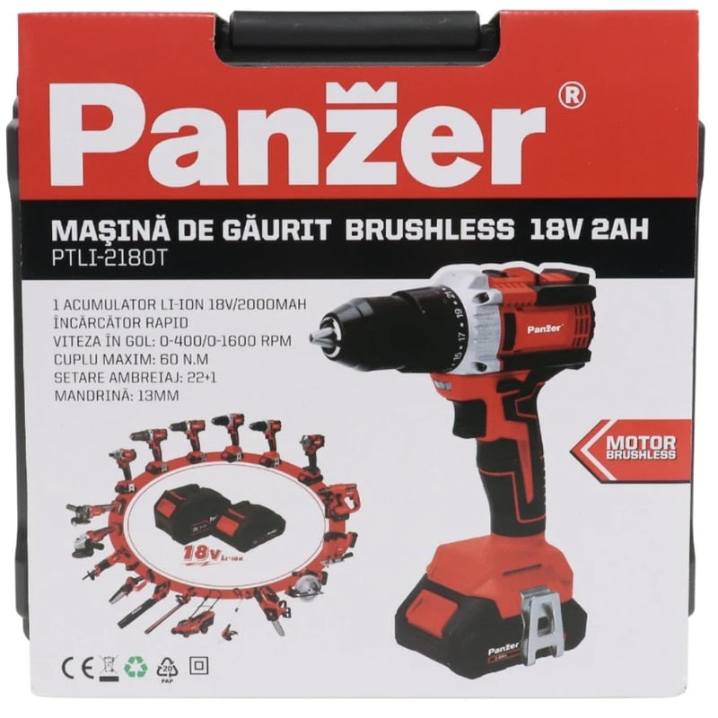 Masina de gaurit si insurubat, cu 1 acumulator, 18 V, 2 Ah, Panzer, 1600 rpm, mandrina rapida, motor fara perii, cu valiza, 13 mm mandarina, 1 incarcator, 1 valiza transport, usor de depozitat, carat