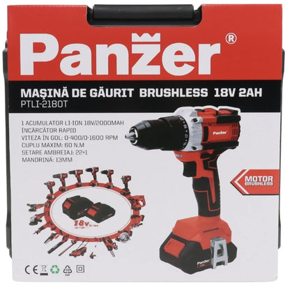 Masina de gaurit si insurubat, cu 1 acumulator, 18 V, 2 Ah, Panzer, 1600 rpm, mandrina rapida, motor fara perii, cu valiza, 13 mm mandarina, 1 incarcator, 1 valiza transport, usor de depozitat, carat
