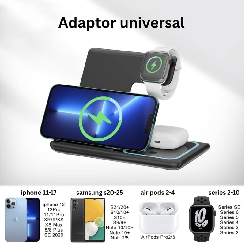 Statie de incarcare wireless 3-in-1, telefon, casti, smart watch, ceas inteligent, Fast Charge 15W, usor de transportat, neagra, brand NETERRA, protectie supraincalzire si supratensiune