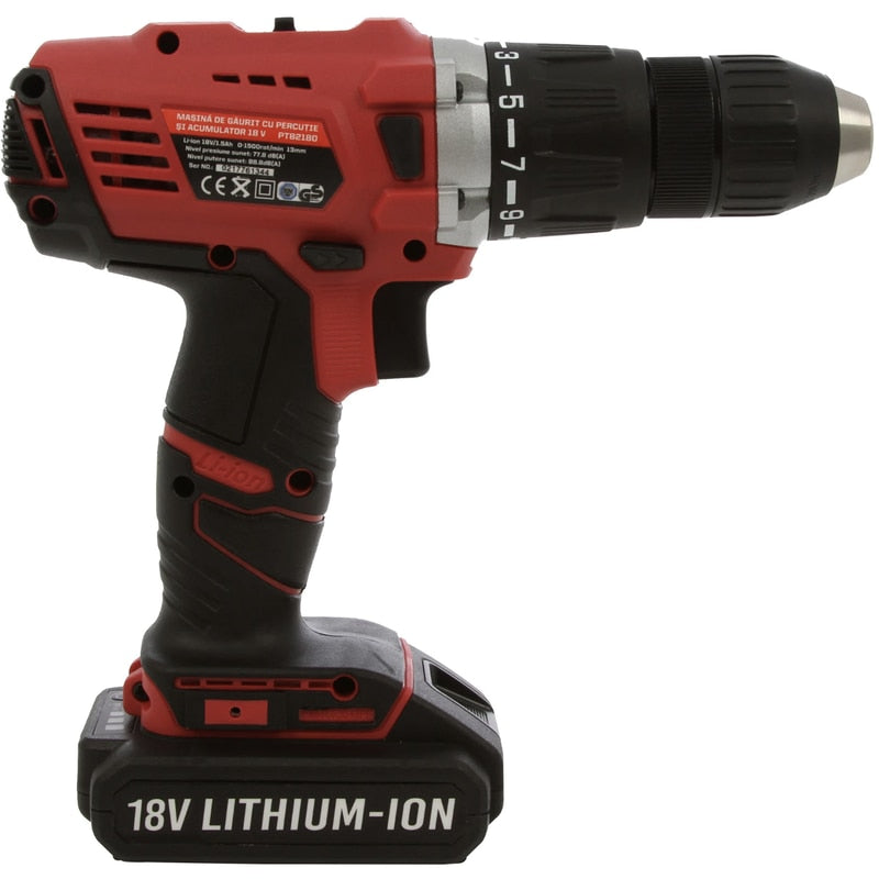 Masina de gaurit si insurubat, cu percutie, cu 1 acumulator, 18V, 1.5Ah, Panzer, 1500 rpm, mandrina rapida, cu valiza, mandarina 2-13mm, functionare stanga dreapta, incarcator rapid, 6 burghie, biti