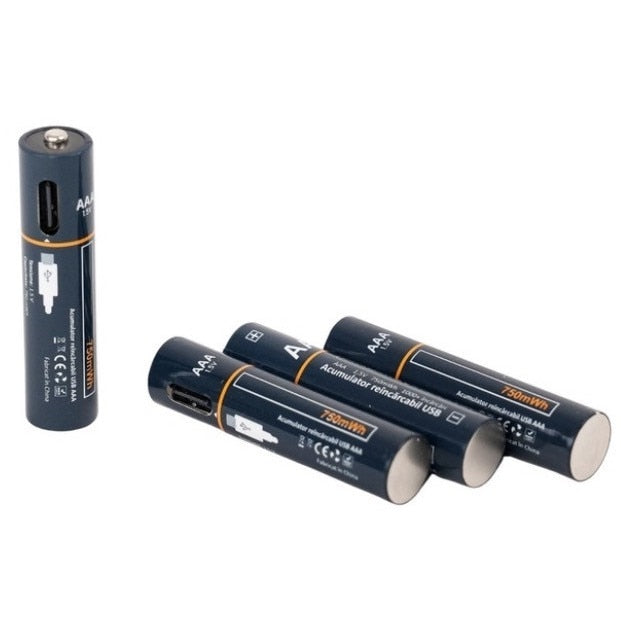 Acumulator AAA, 500mAh, 4 baterii, reincarcabile prin USBC, 1.5V, R3, temperatura de functionare: 0 ~ +40 °C, albastru, randament 95%