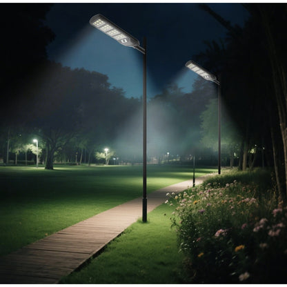 Corp de iluminat solar stradal LED Hoff, 12 W, 2200 lm, lumina rece, negru, cu senzor PIR si telecomanda, 25.000 ore autonomie, 12 ore functionare
