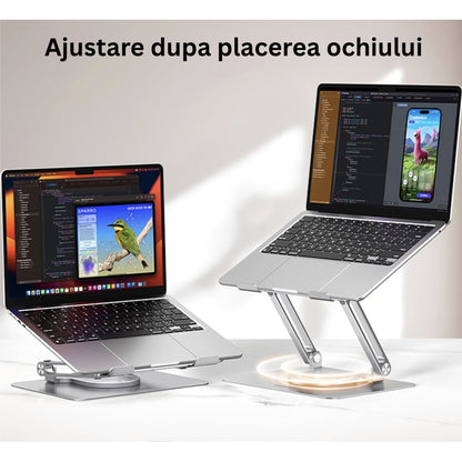 Suport laptop ergonomic NETERRA, reglabil pe înălțime, aluminiu, portabil, gri, compatibil până la 17.3 inch