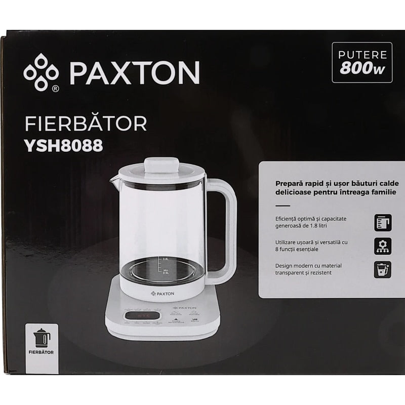 Fierbator apa electric, Paxton, pentru o bautura calda sau o gustare sanatoasa, 800 W, 1.8 l, alb, 8 programe presetate, pornire intarziata, reglaj temperatura, pastreaza setarile anterioare, 1.3kg