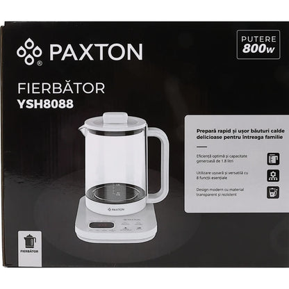 Fierbator apa electric, Paxton, pentru o bautura calda sau o gustare sanatoasa, 800 W, 1.8 l, alb, 8 programe presetate, pornire intarziata, reglaj temperatura, pastreaza setarile anterioare, 1.3kg