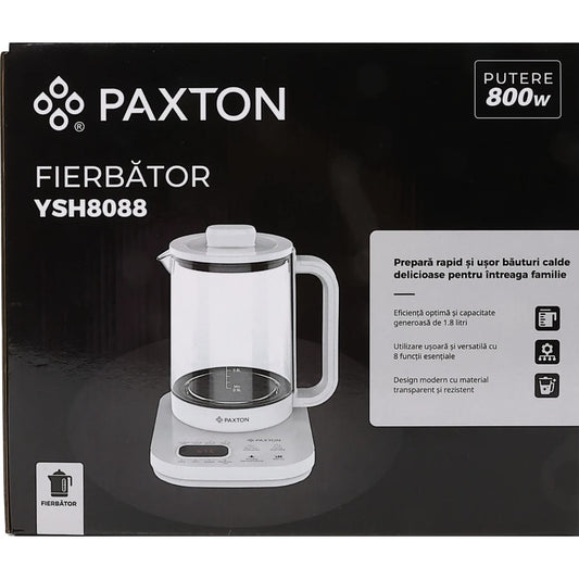 Fierbator apa electric, Paxton, pentru o bautura calda sau o gustare sanatoasa, 800 W, 1.8 l, alb, 8 programe presetate, pornire intarziata, reglaj temperatura, pastreaza setarile anterioare, 1.3kg