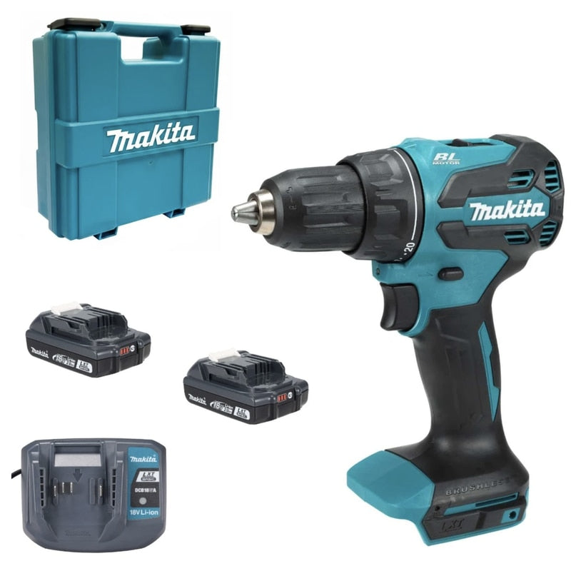 Masina de gaurit si insurubat, cu 2 acumulatori inclusi, 18 V, 2 Ah, Makita, 1900 rpm, mandrina rapida, motor fara perii, cu valiza si incarcator, suruburi 6mm maxim, 1.4 kg, stanga / dreapta, 65 Nm