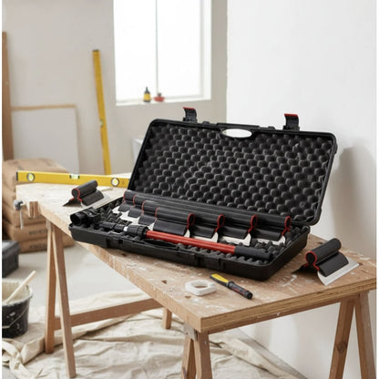Gletiera Holzer, PVC, set 4 buc otel + maner adaptor PVC + maner telescopic 1.2 m + valiza, pentru finisarea tencuielii, netezirea precisa si uniforma a suprafetelor, fara zgarieturi si denivelari