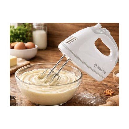 Mixer de mana, Paxton, 300 W, 5 viteze, functie Turbo, carlig framantare, paleta amestecare, buton de ejectare accesorii, alb cu gri, 1.16 kg, 82 db, 7.7 x 18.2 x 15.1 cm, 230V, 0.8 m, plastic metal