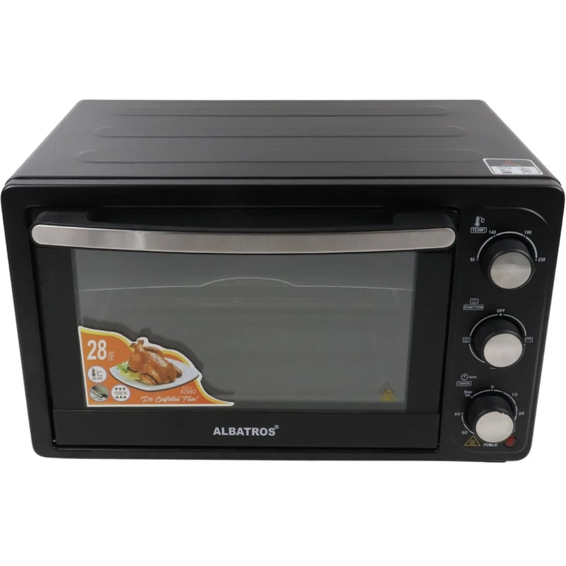 Cuptor electric Albatros, 28 litri, 1500 W, 4 programe, timer, functie Stay On, geam dublu, negru, model compact, 230 grade max, 6.2 kg, 230V, 31 x 48.5 x 37.5 cm, include gratar inox, tava