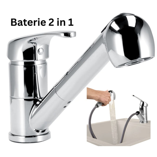 Bateria de bucatarie, maneta si dus extractibil, moderna si practica pentru chiuveta din bucatarie, elegant, flexibilitate ridicata pentru spalarea vaselor, alimentelor sau curatare, durabilitate
