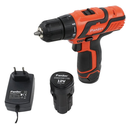 Masina de gaurit si insurubat, cu 2 acumulatori inclusi, 12 V, 2 Ah, Panzer, 1400 rpm, mandrina rapida, cu valiza, 2 trepte viteza, deschiderea mandarinei 10 mm, stanga sau dreapta