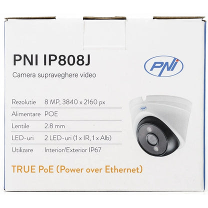 Camera de supraveghere PNI, 8MP, Ultra HD, 4K, alb, IP67, interior si exterior, 240 g, Vedere nocturna de 30 m, Ethernet RJ45 10 100 Mbps, consum 4W, LED