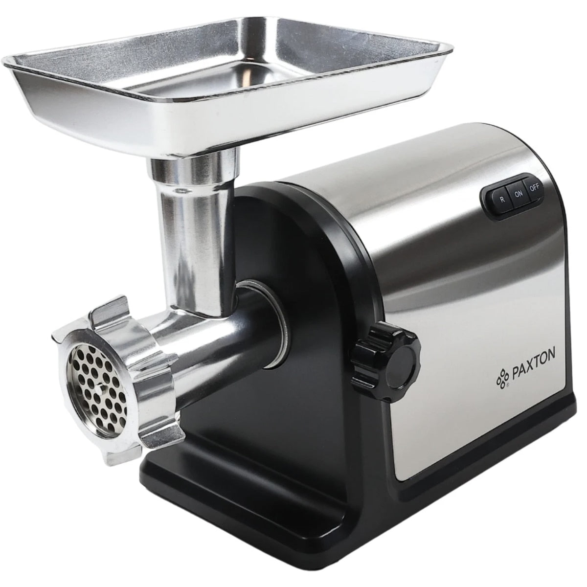 Masina de tocat carne electrica, Paxton, 1 viteza, functie Reverse, 2.8 kg/min, 3000 W, argintiu si negru, accesoriu carnati, accesoriu kibbe, accesoriu suc rosii, accesoriu piscoturi, 5.2 kg, 0.8 m