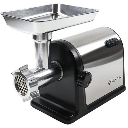 Masina de tocat carne electrica, Paxton, 1 viteza, functie Reverse, 2.8 kg/min, 3000 W, argintiu si negru, accesoriu carnati, accesoriu kibbe, accesoriu suc rosii, accesoriu piscoturi, 5.2 kg, 0.8 m