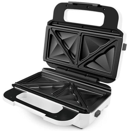 Sandwich maker, Tefal, 850 W, alb + argintiu, placi antiaderente tip triunghi + vafe, indicator luminos, maner termorezistent, dimensiune placi de lucru 26.8 x 13.7 cm, 3.37 kg, 220 V, maner rece