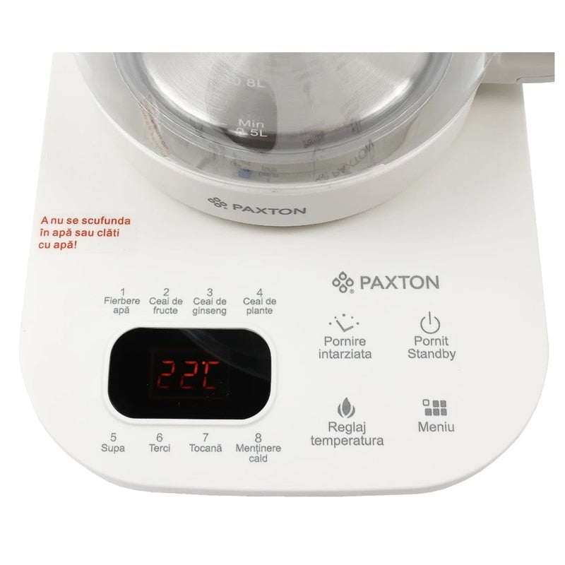 Fierbator apa electric, Paxton, pentru o bautura calda sau o gustare sanatoasa, 800 W, 1.8 l, alb, 8 programe presetate, pornire intarziata, reglaj temperatura, pastreaza setarile anterioare, 1.3kg